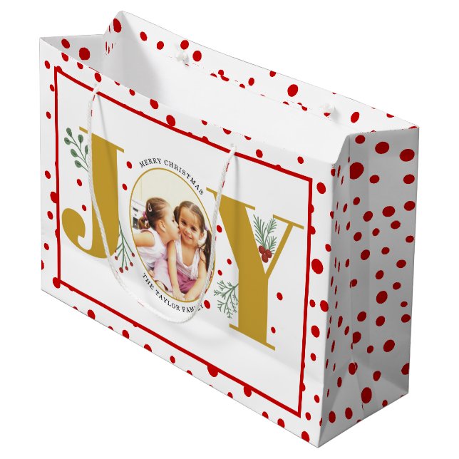 Add your photos gold JOY and red polka dots Large Gift Bag (Front Angled)