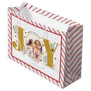 Add your photos gold JOY and red stripes Large Gift Bag