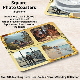 Add Your Photos, Golden Flowers Wedding Suite, Square Paper Coaster