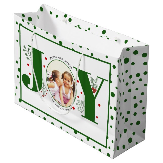 Add your photos green JOY and  polka dots Large Gift Bag (Front Angled)