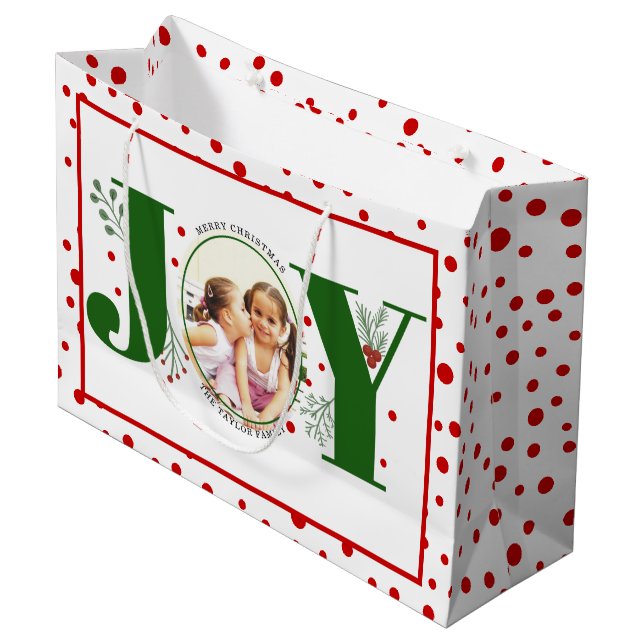 Add your photos green JOY and red polka dots Large Gift Bag (Front Angled)