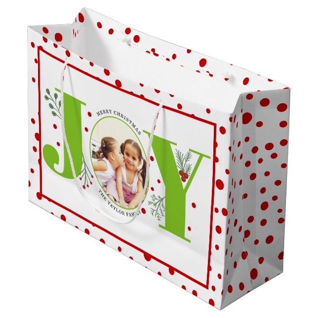Add your photos lime green JOY and red polka dots Large Gift Bag (Front Angled)