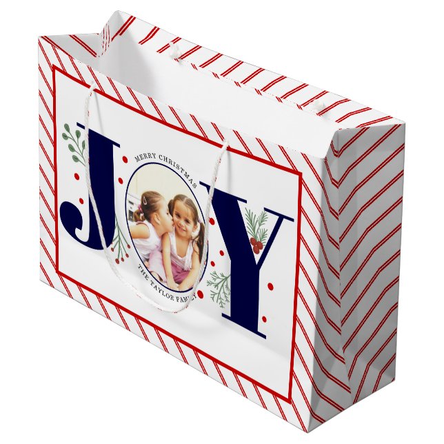 Add your photos navy blue JOY and red stripes Large Gift Bag (Front Angled)