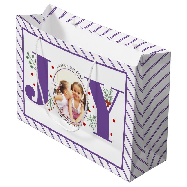 Add your photos purple JOY and stripes Large Gift Bag (Front Angled)