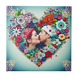 Add Your Picture Floral Heart Frame Ceramic Tile