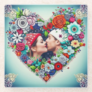 Add Your Picture Floral Heart Frame Glass Coaster