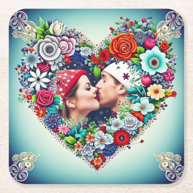 Add Your Picture | Floral Heart Frame Square Paper Coaster (Front)