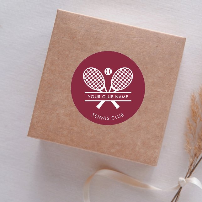 Add Your Tennis Club Name Any Colour Burgundy Classic Round Sticker (Lawn Tennis Country Club Rackets Motif Maroon Classic Round Sticker)