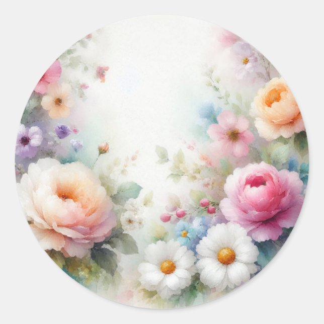 Add Your Text Blank Template Colourful Flowers Classic Round Sticker (Front)