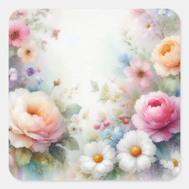 Add Your Text Blank Template Watercolour Flowers Square Sticker (Front)