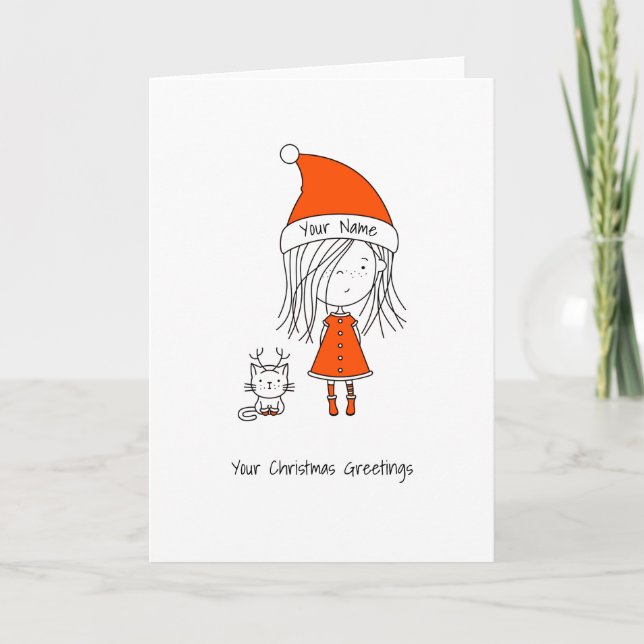 Add Your Text Cute Girl Cat Drawing Funny Girly Holiday Card (Front)