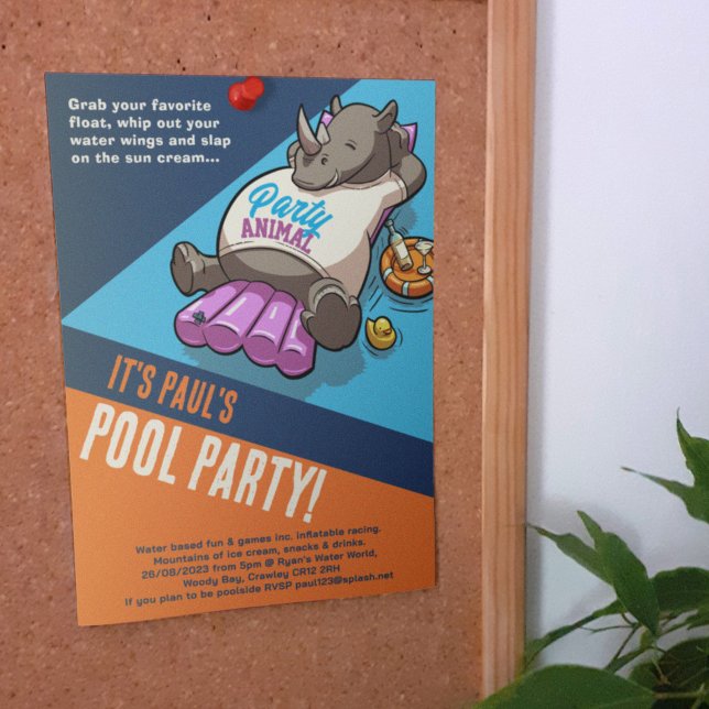 Add Your Text Party Animal Rhino Pool Cartoon Invitation (Creator Uploaded)