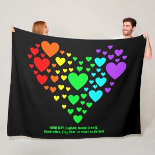 Add Your Text, Rainbow Heart of Hearts on Black  Fleece Blanket