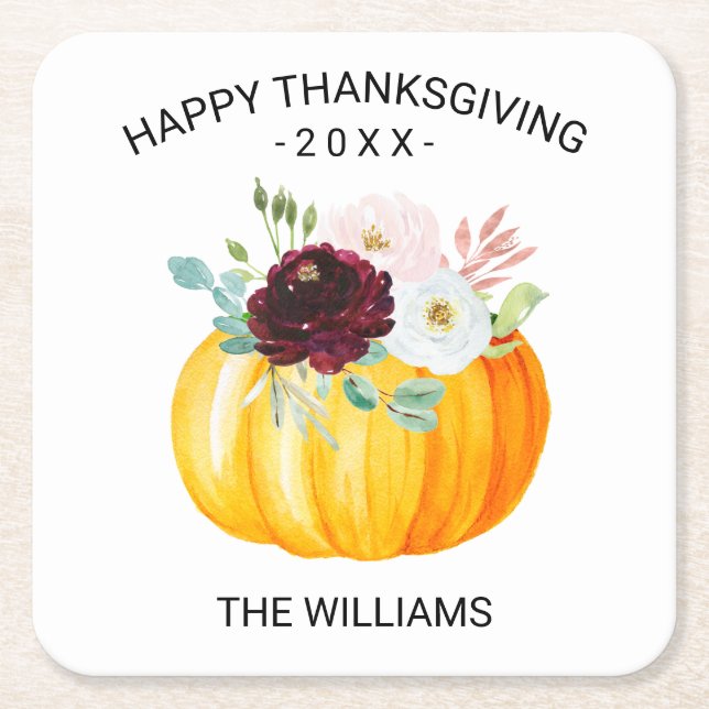 Add Your Text Thanksgiving Floral Pumpkin Custom Square Paper Coaster (Front)