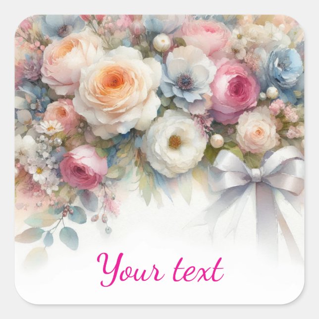 Add Your Text Watercolor Wedding Flowers Square Sticker (Front)