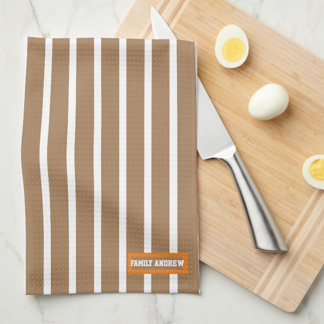 Add your text white brown stripes pattern stylish tea towel (Quarter Fold)
