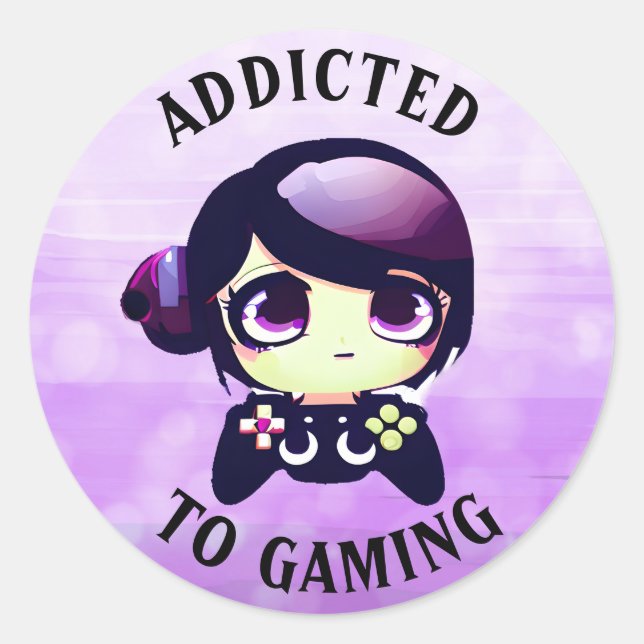 Addicted to Gaming | Cute Kawaii Girl Gamer Classic Round Sticker (Front)