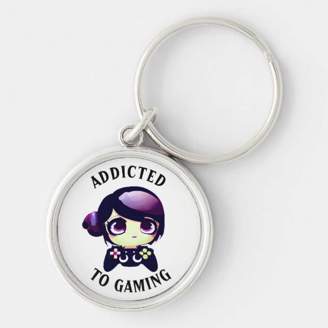 Addicted to Gaming | Cute Kawaii Girl Gamer Key Ring (Front)