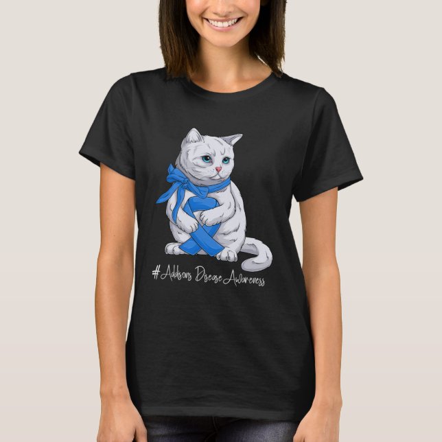 Addisons Disease Awareness Month Blue Ribbon Cat T-Shirt (Front)