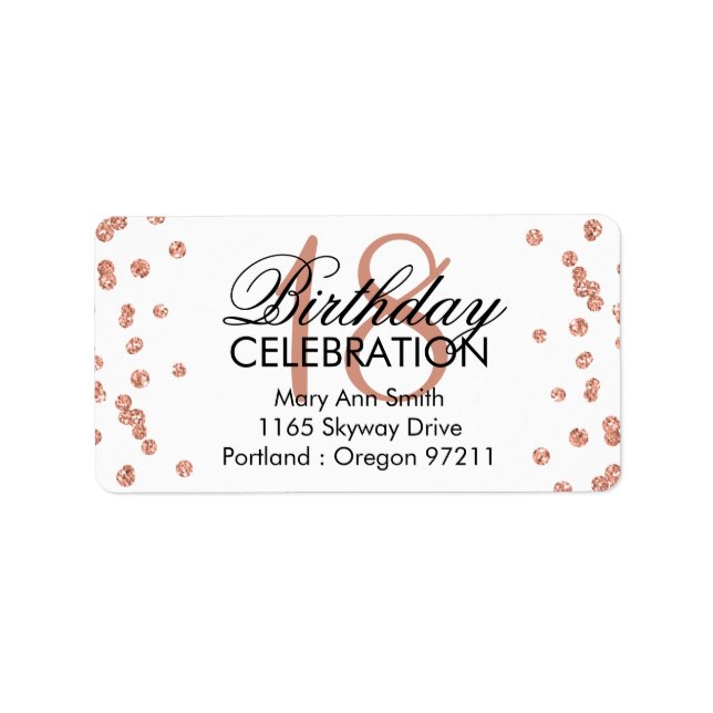 Address 18th Birthday Rose Gold Glitter Confetti Label (Front)