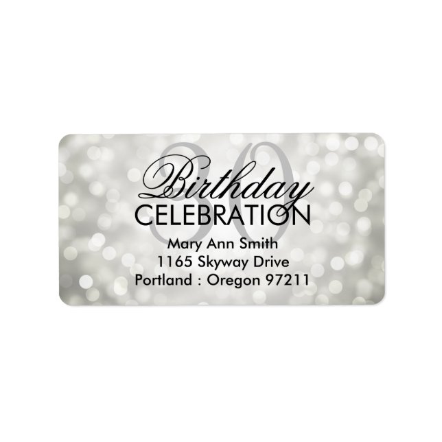 Address 30th Birthday Party Silver Glitter Lights Label (Front)