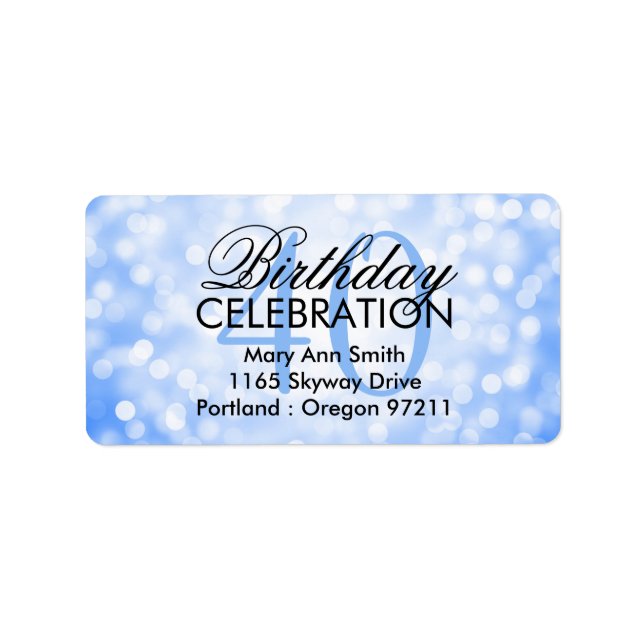 Address 40th Birthday Party Blue Glitter Lights Label (Front)