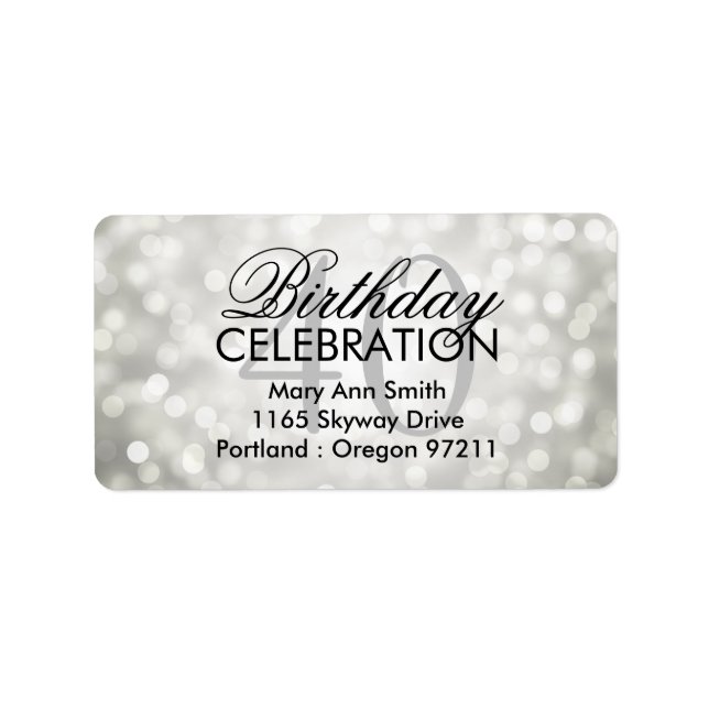 Address 40th Birthday Party Silver Glitter Lights Label (Front)