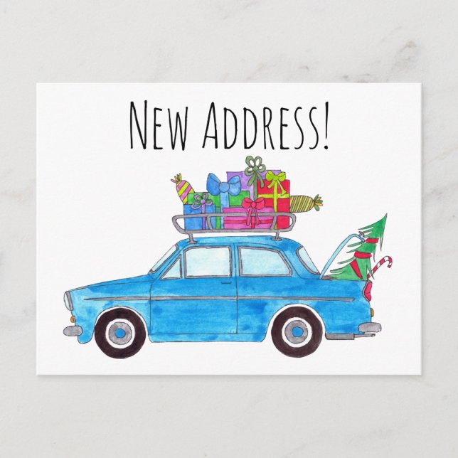 Address Announcement Blue Car with Christmas Gifts Postcard (Front)