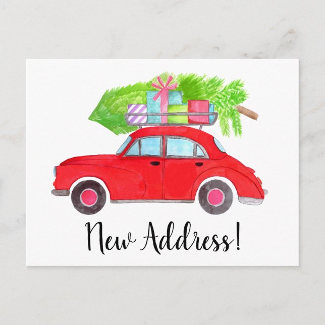 Address Announcement Car with Christmas tree Postcard (Front)