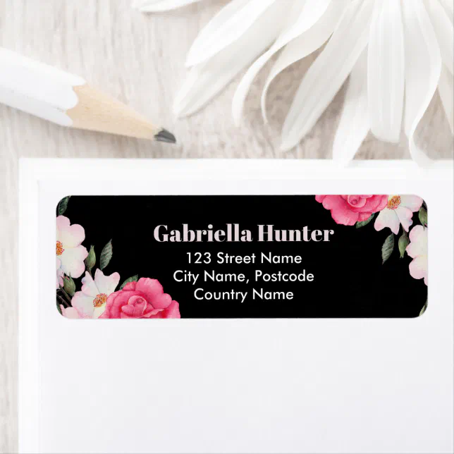 Address Pink White Roses Ballerina Floral Black Return Address Label ...