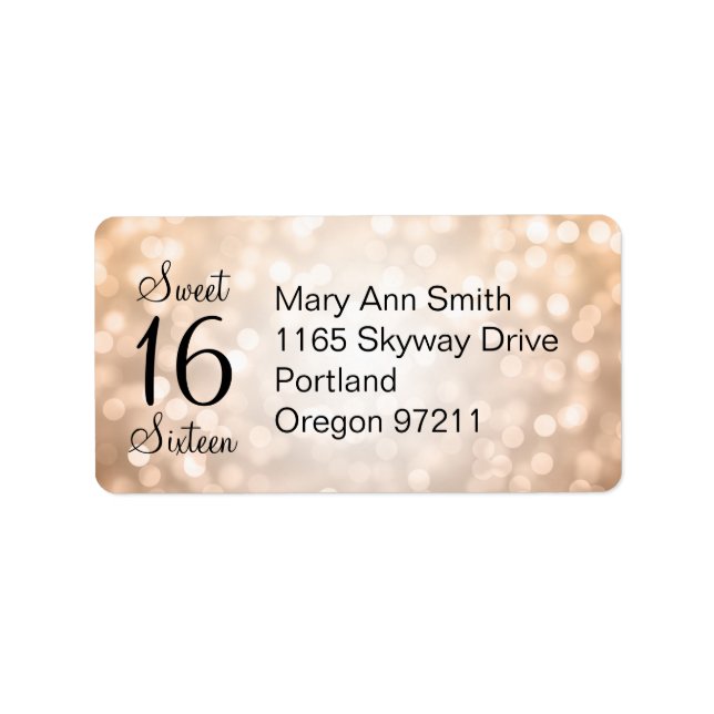 Address Sweet 16 Birthday Copper Glitter Lights Label (Front)
