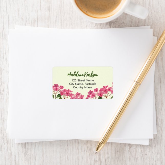 Address Watercolor Pink Hydrangea Lacecaps Label (Insitu)