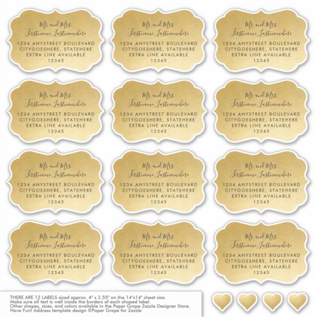Addressed Guest Mailing Labels Bracket Shape Gold (Front)