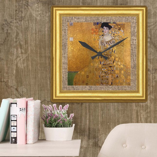Adele, Lady in Gold, Gustav Klimt, burlap, Framed Square Wall Clock (Creator Uploaded)