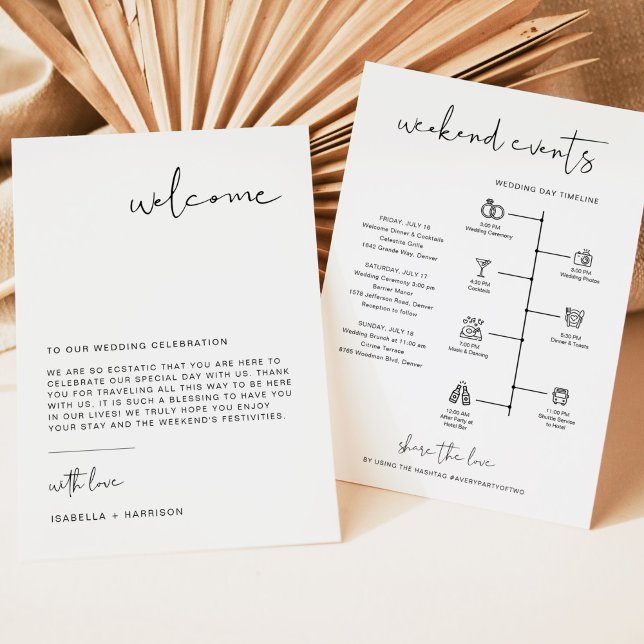 ADELLA Modern Minimal Welcome Letter Timeline Card (Modern minimalist wedding welcome letter with schedule and icon timeline backside.)