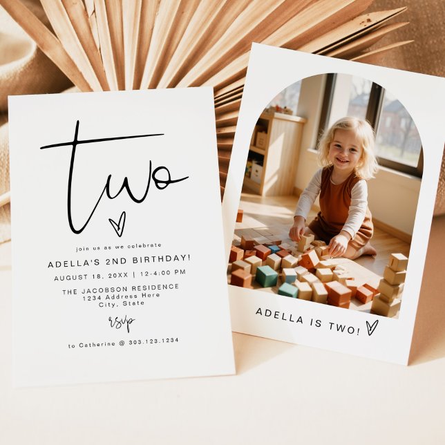 ADELLA Modern Minimalist Two Photo 2nd Birthday Invitation (Creator Uploaded)