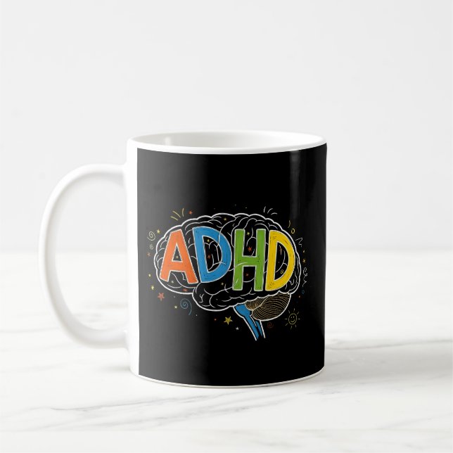 ADHD Awareness Colourful Brain Word Illustration Coffee Mug (Left)
