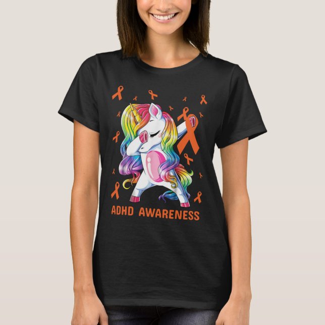 ADHD awareness unicorn dabbing orange ribbon T-Shirt (Front)