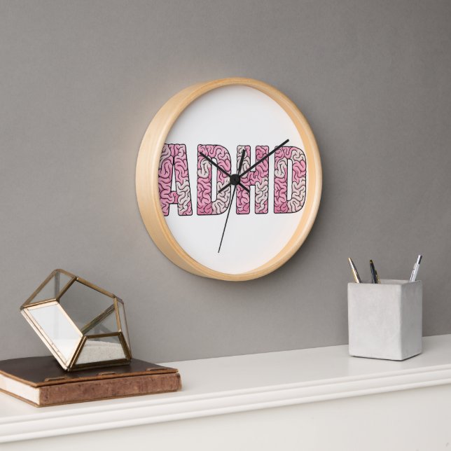 ADHD Brain Letters - Pink & Beige Anatomy Text Art Clock (Office)