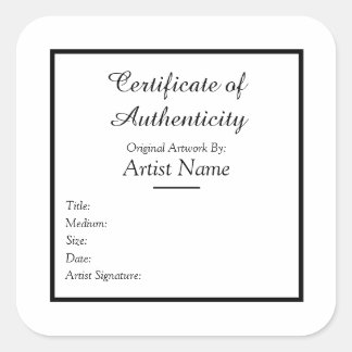 Adhesive Certificate of Authenticity for Art Square Sticker