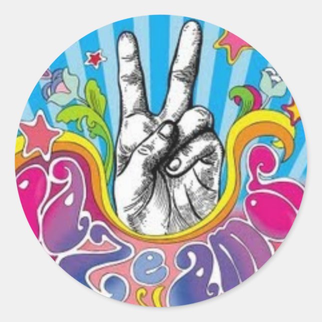 Adhesive Peace and Love Classic Round Sticker (Front)