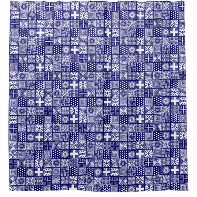 Adire Pattern - Deep Blue and White Shower Curtain (Front)