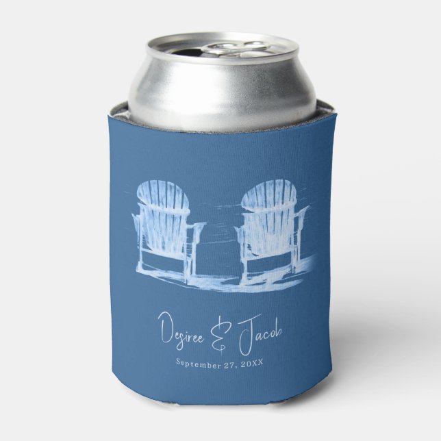 Adirondack Beach Chairs Azure Blue White Wedding Can Cooler (Can Front)