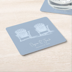 Adirondack Beach Chairs Dusty Blue White Wedding Square Paper Coaster