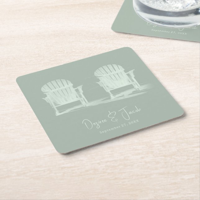 Adirondack Beach Chairs Sage Green Wedding Square Paper Coaster (Angled)