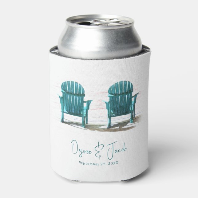 Adirondack Beach Chairs White Teal Wedding Can Cooler (Can Front)