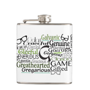Adjective Word Cloud beginning with letter G Hip Flask