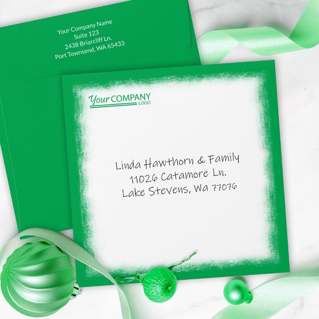 Adjustable Green Logo'd Pre-addressed Holiday Card Envelope (green company holiday card envelopes, square green logo envelope, Christmas card mailing w/ address )