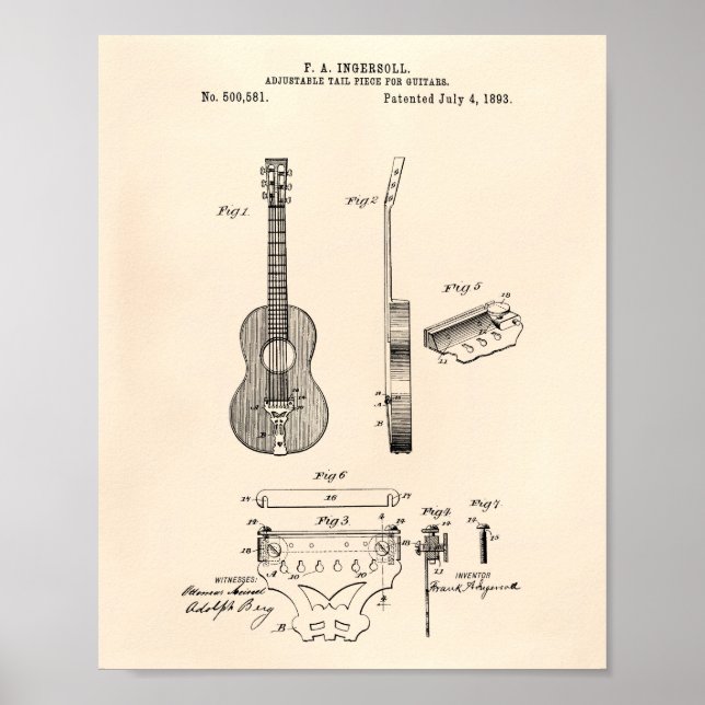 Adjustable Guitars 1893 Patent Art Old Peper Poster (Front)