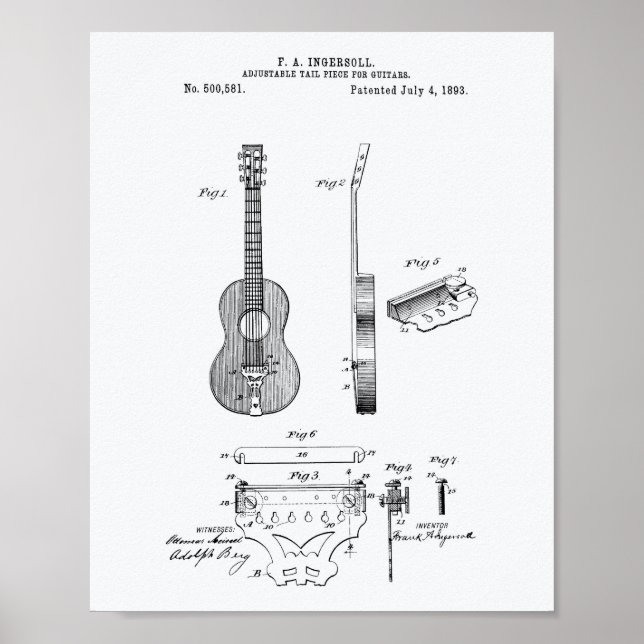 Adjustable Guitars 1893 Patent Art White Paper Poster (Front)